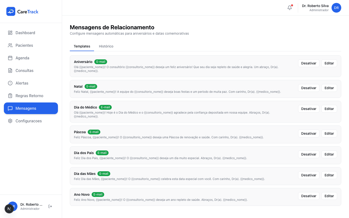 Tela de mensagens de relacionamento do CareTrack, com os modelos de aniversário, Natal e outras datas comemorativas